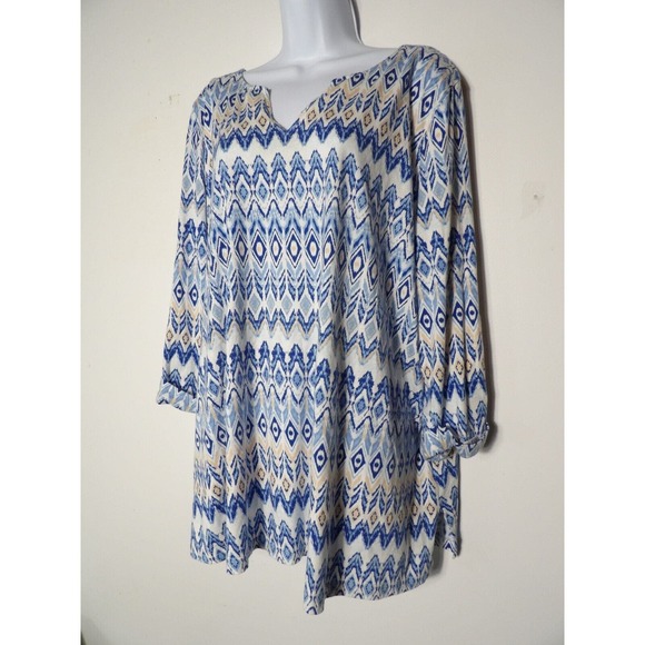 Jessica London 22/24 1X Tunic Boho Geometric Blue 3/4 Sleeve V Neck Peasant - Picture 2 of 11